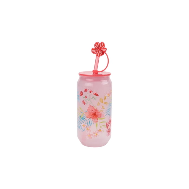 Mainstays Tropical Flower Color-Changing Acrylic Sipper Tumbler, 580mL, with a pink lid and matching straw topped by a flower-shaped stopper. The translucent tumbler features tropical floral and leaf prints that change color with cold drinks, ideal for iced beverage storage and suitable for outdoor use.