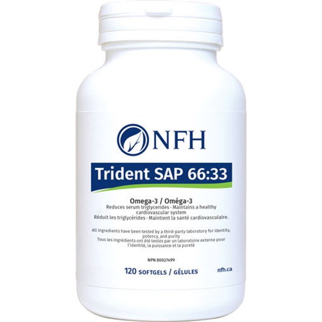 NFH Trident SAP 66:33 Bouteille de 120 Capsules Molles avec un Contenant Blanc et un design d'Étiquette Bleu-Vert. le Produit Présente un Mélange d'Huile de Poisson Oméga-3 d'Approvisionnement Durable avec des Rapports EPA et DHA, Favorisant la Santé du Cœur, du Cerveau et des Articulations. Idéal pour la Catégorie Suppléments pour Os et Articulations, avec Texte Bilingue et Numéro NPN pour la Conformité Canadienne.