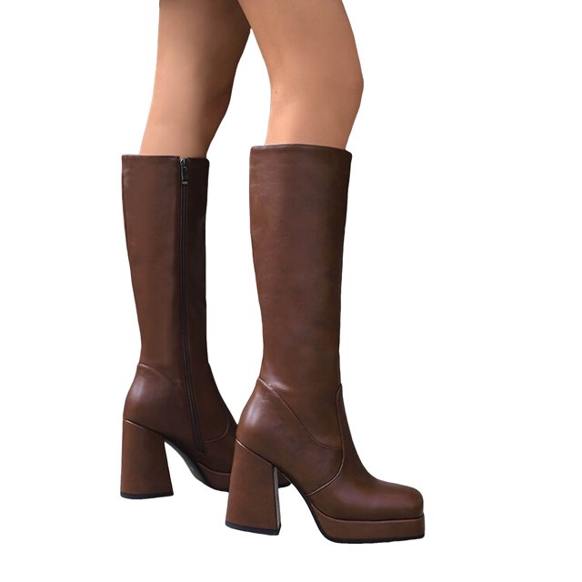 Dakaela Knee High Boots Women Chunky Heel Square Toe Platform Tall Boot Side Zipper Motorcycle Riding Fashion Booties