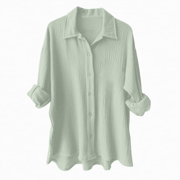 WUANDIXFA Long Sleeve Shirts for Women Women's Long Sleeve Button Down Shirt Blouse for Women Elegant Tunics Summer Tops Long Blouse Oversized Shirt Casual for Leggings Light Green,L