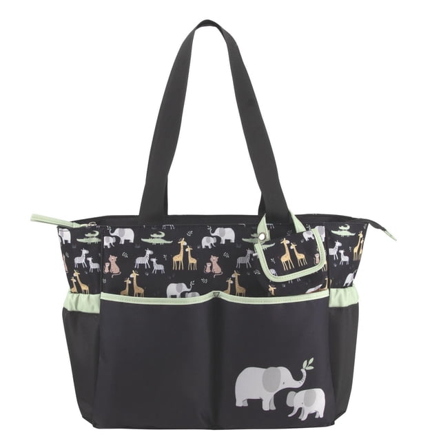 Baby Essentials Sac Fourre-Tout pour Couches pour Bébé à Multiples Poches avec Matelas à Langer Pliable 6 Plis et Pochette à Sucette à Fermeture velcro, Noir avec Imprimés Colorés d'Animaux de la Jungle Incluant Éléphants, Girafes, Zèbres et crocodiles, avec six Compartiments, Deux Poches Latérales Isolées pour Biberons, Deux Grandes Poches avant pour Enfiler, une Grande Poche Arrière à velcro, et Poignées de Fourre-Tout Noires de 12 Pouces de long pour Porter à l'Épaule Ou à la Main.
