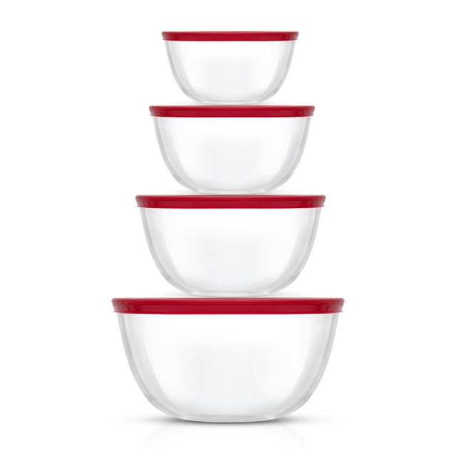 JoyFul 4 Bols à Mélanger en Verre avec Couvercles - Rouge, Quatre Bols à Mélanger en Verre Transparents Sans Plomb avec Couvercles Rouges Hermétiques Sans BPA, Empilés du Plus Petit au Plus Grand, Dotés d'Un design Emboîtable Gain de Place Adapté au Mélange, à la Préparation des Repas et au Rangement au Réfrigérateur.