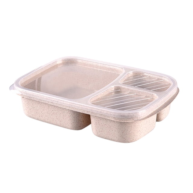TopLLC Bento Box Lunch Box, a reusable 3-compartment plastic food storage container made from wheat straw fiber and BPA-free materials. The beige container features a clear lid and is designed for adults and kids. It is leak-proof, microwave, dishwasher, and freezer safe, with dimensions of 9.3 x 6 x 2 inches, ideal for school, work, or travel.