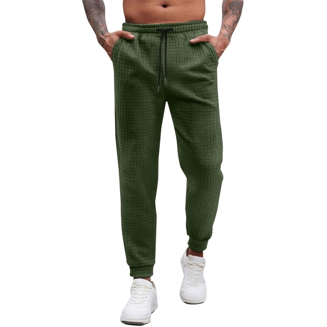 Men Casual Pants Elastic Waist Drawstring Solid Color Textured Trousers Lightweight Daily Long Pant with Pockets Army Green XXXL