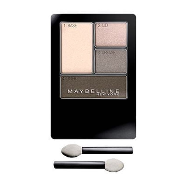 Maybelline New York Expert Wear, Quad Eye Shadow, 0.13 Oz in a black compact with four labeled shades for base, lid, crease, and liner, including two dual-ended sponge applicators, designed for silky finish and all-day wear.
