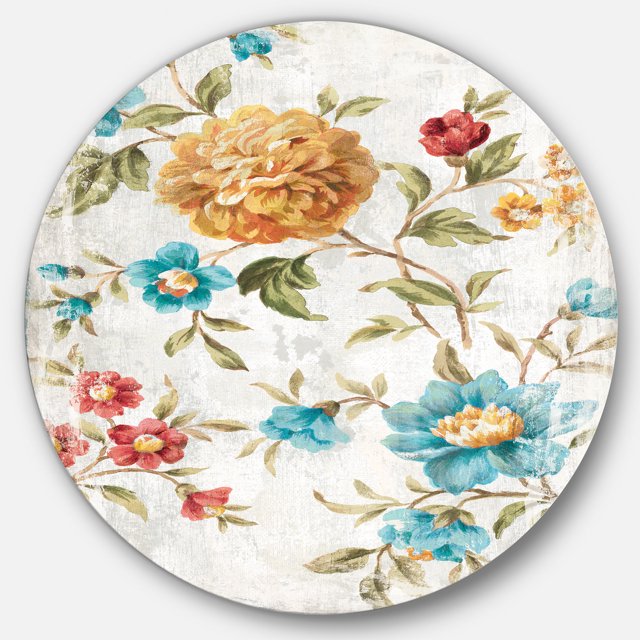 Designart 'Golden Flowers' Farmhouse Metal Circle Wall Art