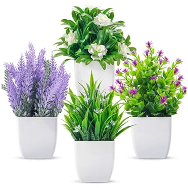 Semfri Lot de 4 Petites Plantes Vertes Artificielles - Mini Pots de Simulation avec Jardinières Blanches pour la Décoration de la Maison, du Bureau, de la Salle de Bain et de la Ferme
