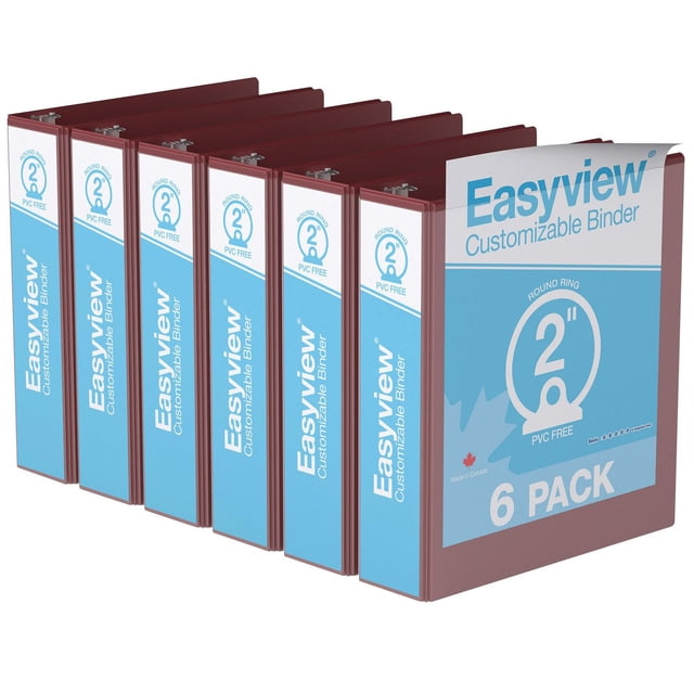 Davis Group Easyview Premium round ring customizable view binder 6 pack, 2 inch, with maroon covers and clear blue overlays on front, spine, and back for customization, PVC-free polypropylene material, back-mounted rings for flat page viewing, made in Canada, suitable for organizing presentations and reports.