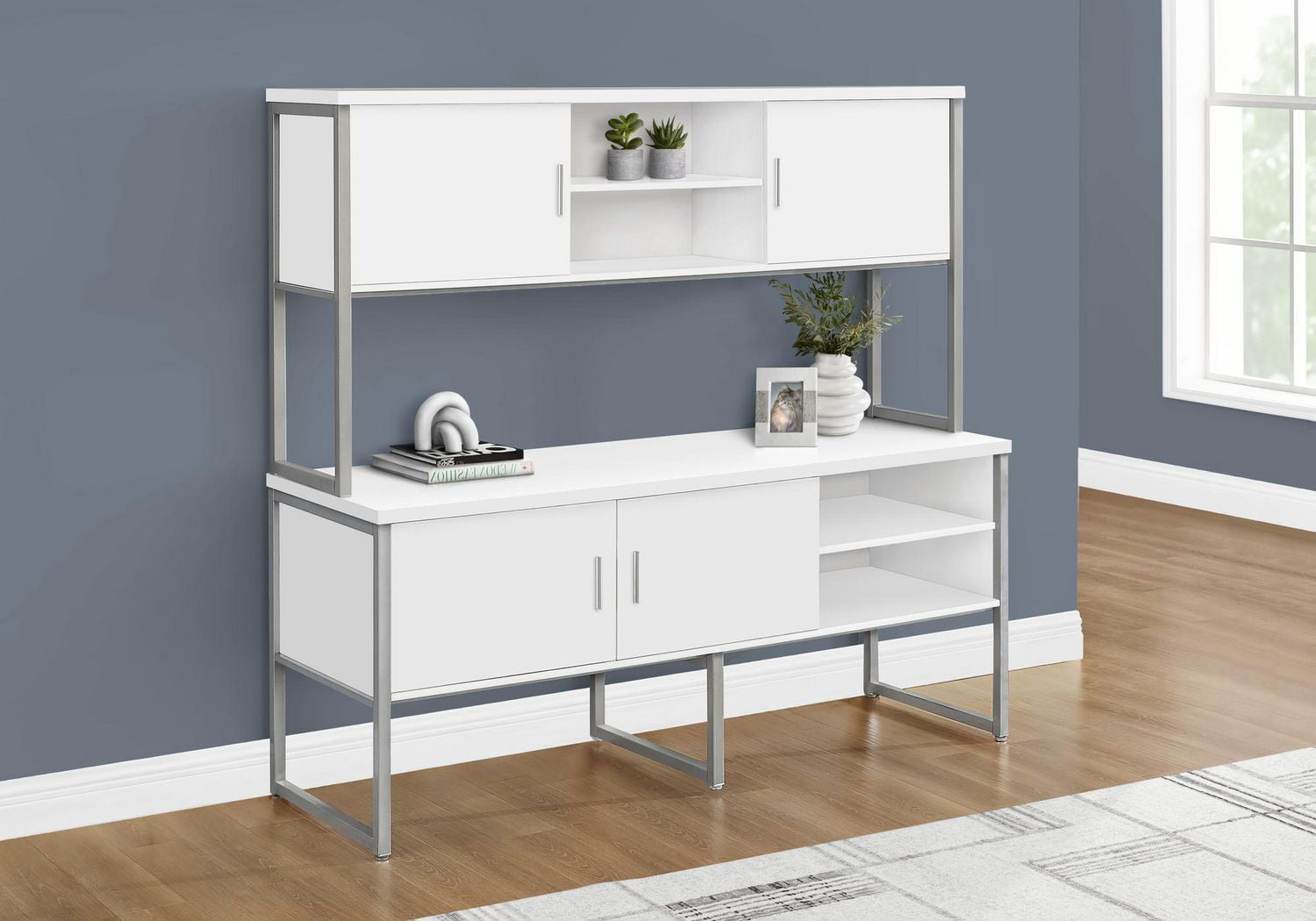 Monarch Specialties Credence De Bureau, 72"l, Travail, Travail, Portes De Stockage, Qualité Commerciale, Stratifié Blanc, Métal Argent