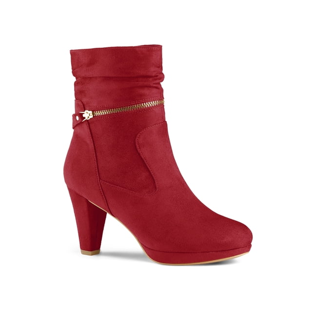 Unique Bargains Bottes Mi-Mollet à Plateforme à Talons Hauts à Fermeture Éclair à la Cheville pour Femmes Rouge (Taille 6,5)