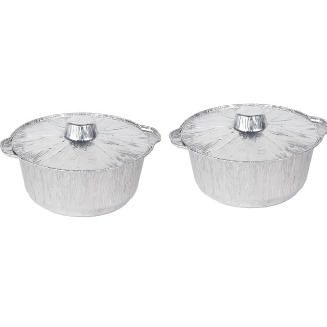 Bfogop Disposable Aluminum Pot With Lid Round Foil Pans Disposable Cookware Food Container For Vacation Trips Camping Baking Heating Cooking 2Pcs 10*3.5In