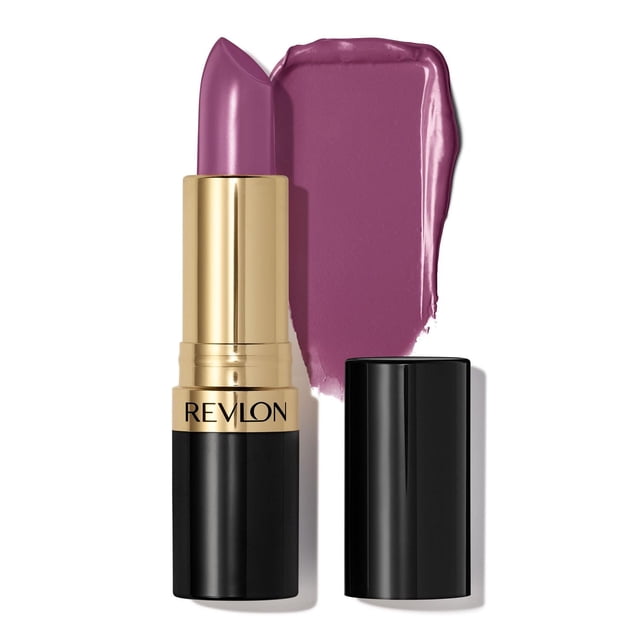 Revlon Super Lustrous Rouge à Lèvres Nacré, Formule Crémeuse, 4,2 g en Violet mauve avec un tube Noir et Doré, Montré avec la Pointe de Rouge à Lèvres Allongée et un Éclat Lisse de la Couleur à Fini Nacré derrière sur un Fond Blanc, Idéal pour des Lèvres Douces et d'Apparence Plus Fournie.
