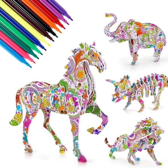 PENGXIANG 3D Coloring Puzzle Set for Kids 4pcs Animals/Building Puzzles 3D Puzzle Arts and Crafts Educational Painting Crafts Creative DIY Toy