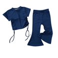 thumbnail image 1 of Zwiiyzr 2025 Toddler Girl Summer Outfits Solid Color Drawstring Short Sleeve Flared Pants Two Set Cute Pants Size 2-8 Years Blue, 1 of 4