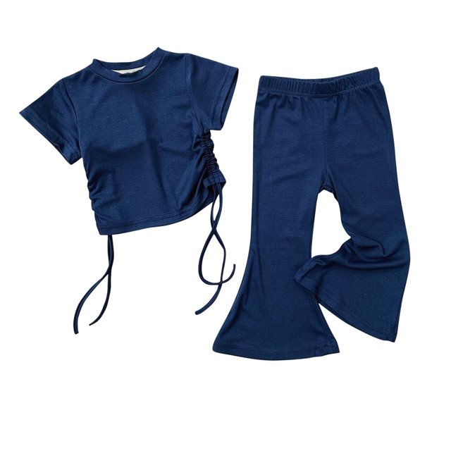Zwiiyzr 2025 Toddler Girl Summer Outfits Solid Color Drawstring Short Sleeve Flared Pants Two Set Cute Pants Size 2-8 Years Blue