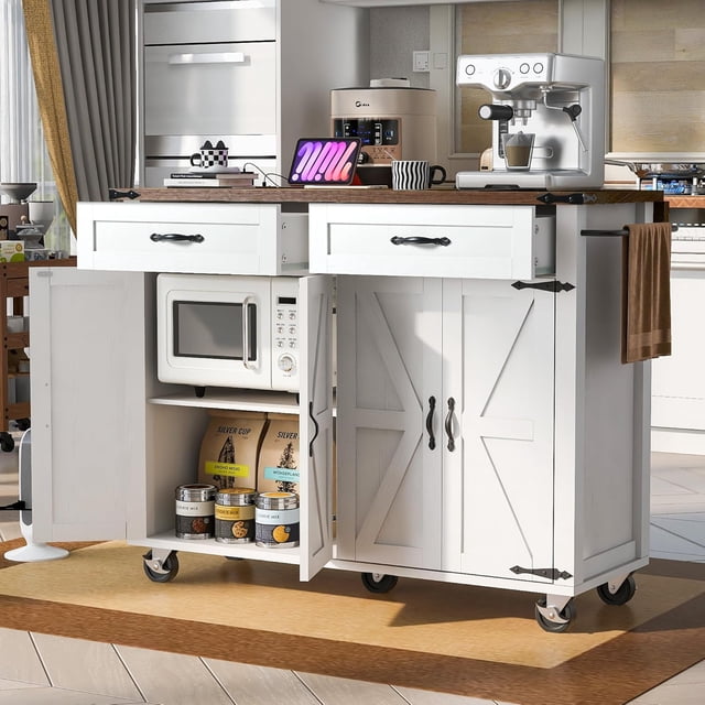 Farmhouse Kitchen Island,Large Rolling Kitchen Cart on Wheels,Solid Wood Storage Island with Drop Leaf, Spice Rack and Drawer,Power Outlet (White)