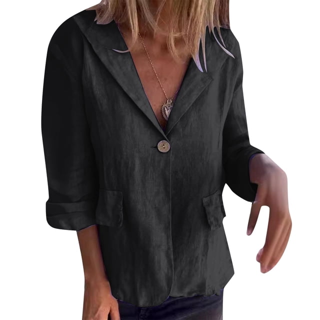 MIASHUI Loose Fit Solid Color Button-Up Notched Collar Linen Blend Blazer Cardigan for Women Bohemian Style Lightweight Jacket Black,XL