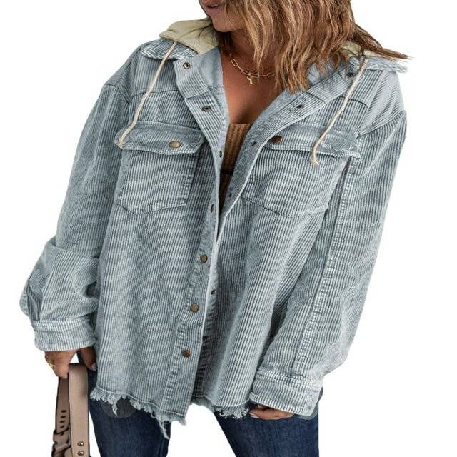 Womens Corduroy Shacket Jacket Long Sleeve Button Down Color Block Hooded Coat with Pockets