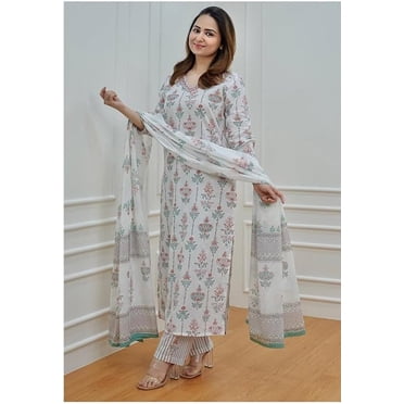 Aizza Trends Ensemble Kurti Droite Imprimée en Tissu de Coton pour Femmes avec Pantalon Afghan et Dupatta