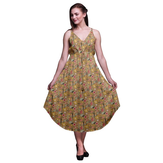 Bimba Robe à Imprimé Floral pour Femme, Bretelles Spaghetti, Col en V, Midi, Tenue de Plage - Grand