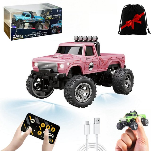 Mini Rc Monster Truck 1/64 Scale Monster Truck with Lights 2.4Ghz Remote Control Car Rechargeable Mini Monster Truck Rc Alloy Rc Semi Truck for Kids Gifts Speed Adjustable