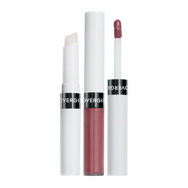 COVERGIRL Outlast All-Day Lipcolour showing a white moisturizing topcoat stick, a mauve-pink transfer-resistant liquid lip colour tube with a black and white brand band, and an applicator wand with mauve-pink lip colour, designed for long-lasting, smudge-proof wear and suitable for touch-ups throughout the day.