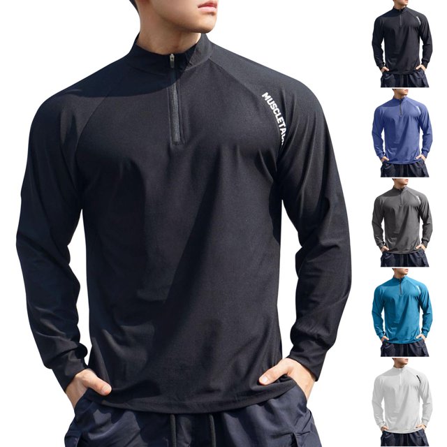QIPOPIQ Chandail anti-UV UPF 50+ pour Homme à Fermeture Éclair 1/4, Manches Longues, Maillot Dermoprotecteur Léger pour Randonnée, Entraînement, Course, Chandail à Enfiler, Liquidation