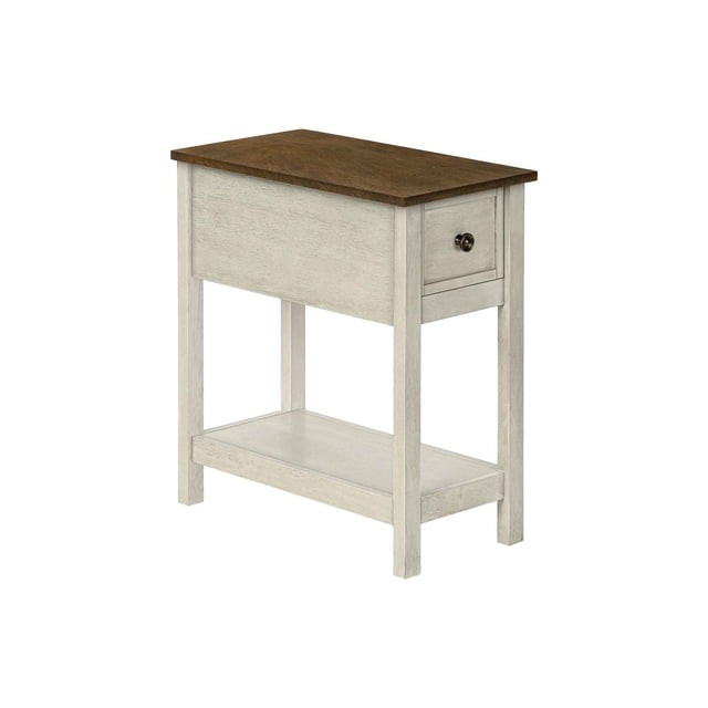 Monarch Specialties Accent Table, a narrow two-tier side table with a dark brown wood top and light grey painted frame, featuring a storage drawer with a black metal knob and a lower shelf for organization, shown in a 3/4 front view on white background.