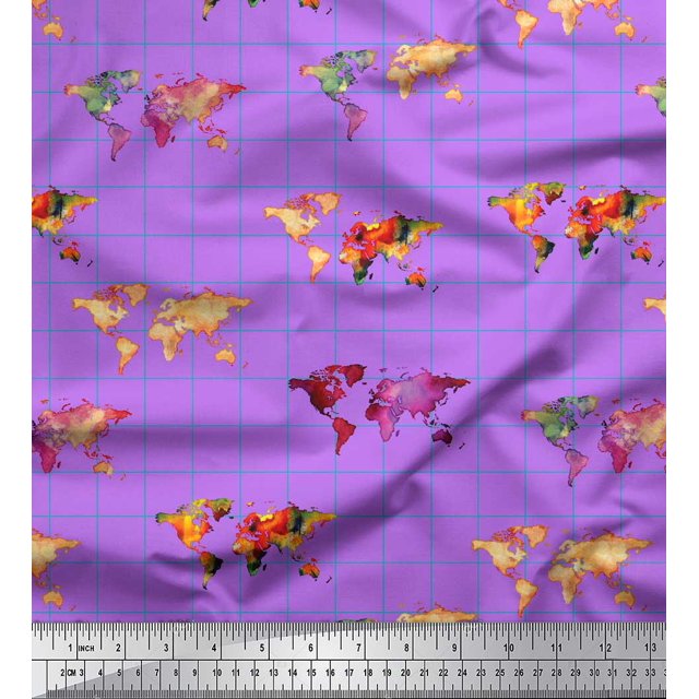 Soimoi Purple Cotton Duck Fabric Check & World Map Printed Fabric 1 Yard 42 Inch Wide