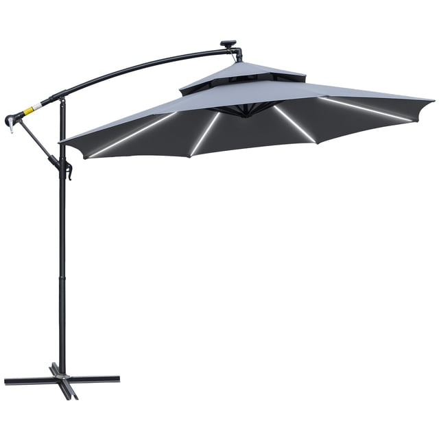 Outsunny Parasol de Patio de 10 Pi à Énergie Solaire avec Manivelle et Base en Gris. Présente un design Déporté avec un Grand Auvent Surélevé en Tissu de polyester Résistant à l'Eau. des Lumières DEL à Énergie Solaire Sont Intégrées le Long des Baleines de Parasol pour l'Éclairage Nocturne. Comprend une Manivelle pour une Ouverture Facile et un angle Réglable à 360° pour une Ombrage optimal. Est Soutenu par un Cadre Robuste en Aluminium Noir et Métal avec une Base en Croix. Convient à une Utilisation Extérieure dans les patios Ou Jardins.