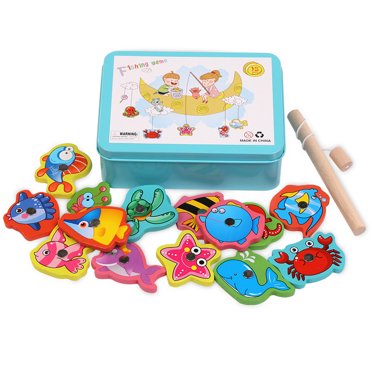 Fameei Ensemble de 15 Jouets de Pêche Magnétiques avec Filet à Canne, Jouets Éducatifs pour Enfants