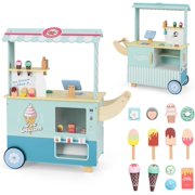 OLAKIDS Wooden Grocery Store Marketplace Toy , Market Stand Shop Pretend Play Set with Universal Wheel Food Scale Cash Register Beverage Rack 30 Accessories Gift for Ages 3+