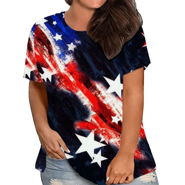 Fartey T-Shirts du 4 Juillet pour Femmes Grande Taille Patriotiques Rouge Blanc et Bleu T-Shirts Graphiques Coupe Ample Manches Courtes T-Shirts Classiques Col Rond Blouses Hauts Blouses Grande Taille pour Femmes