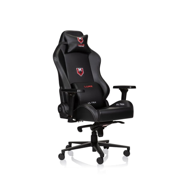 Luxe Master Luxe Ultra Gaming Chair & Computer Chair in black automotive-grade PU leather with white topstitching, ergonomic high back with lumbar and neck support pillows embroidered with Luxe Master logos, adjustable 4D armrests, patented reclining mechanism from 80 to 140 degrees, and black five-star aluminum base with silent polyurethane-coated casters, ideal for gaming or home office use.
