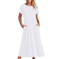 thumbnail image 2 of Penkiiy Robe Maxi Évasée d'Été Décontractée pour Femme à Manches Courtes et Col Ras du Cou, Fluide, Asymétrique, à Étages, Robe de Plage avec Poches 2TG Blanc, 2 of 8