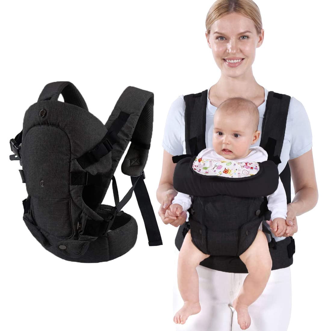 Baby Carrier Newborn Soft Infant Carrier Sling Wrap Ergonomic Design 4 in 1 Baby Carrier Newborn to Toddler 7-45lbs(3-48 Months)Front and Back Baby Holder Carrier for Men Dad Mom-Black