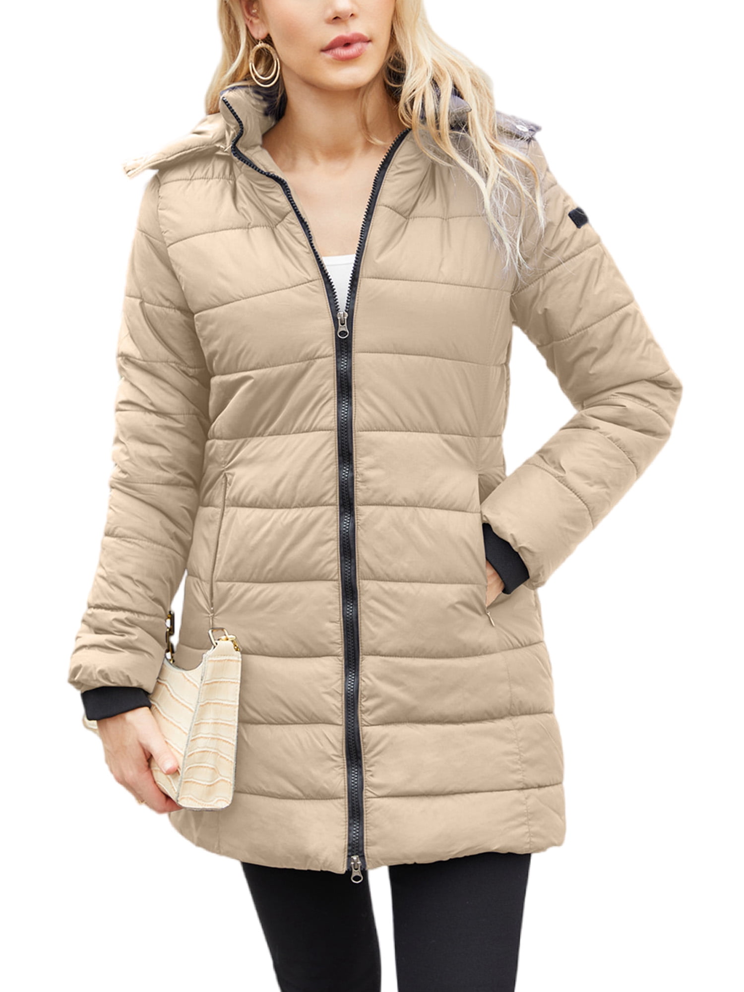 Innerwin Hooded Coats Solid Color Women Down Winter Long Sleeve Lightweight Puffer Jacket Apricot M