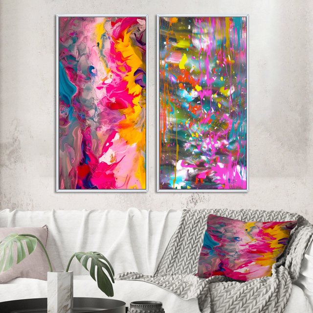 Designart « Rétro Groove Été Expressionnisme Abstrait » Peinture Abstraite Ensemble d'Art Mural Encadré de 2 - Ensemble d'Art Mural Encadré Moderne Rose de 2