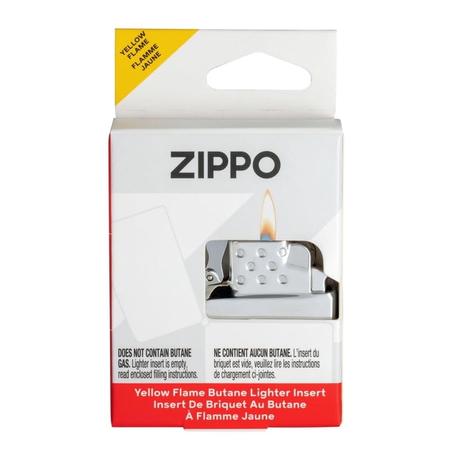 Zippo Butane Yellow Flame Insert (65806) in white and red packaging featuring a visible metal lighter insert with a yellow flame graphic, a refillable, windproof camping accessory designed for reliable fire starting without butane gas included.