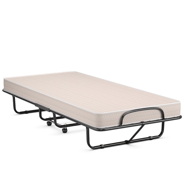 Patiojoy Folding Bed Frame Portable Guest Bed with Wheels & Memory Foam for Spare Bedroom Office Beige