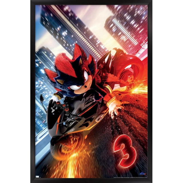 Sonic the Hedgehog 3 - Affiche Murale Shadow Motorcycle en une Feuille, 14,725 Pouces x 22,375 Pouces Encadrée, Représentant Shadow the Hedgehog Chevauchant une Moto Noire avec des accents Rouges, des Étincelles Volant du Pneu Arrière dans une Rue de Ville la Nuit avec des Gratte-Ciel Illuminés. l'Affiche à Fini Satiné Présente un design Moderne, un Cadre Léger et un Accroche-Dents de Scie, Convient aux Chambres, Bureaux Ou au décor de Dortoir.