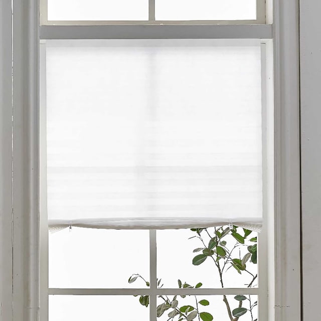 LINMOUA Window Shades - Pleated Paper Shades for indoor window covers in black, designed for versatile use in homes or vehicles. Made of durable polyester material, these lightweight shades measure approximately 90cm x 150cm (35.4 inches x 59.1 inches). The pleated design offers a sleek and functional look, suitable for kitchens, bathrooms, or as car sun shades. Includes double-sided tape and two clips for easy installation.