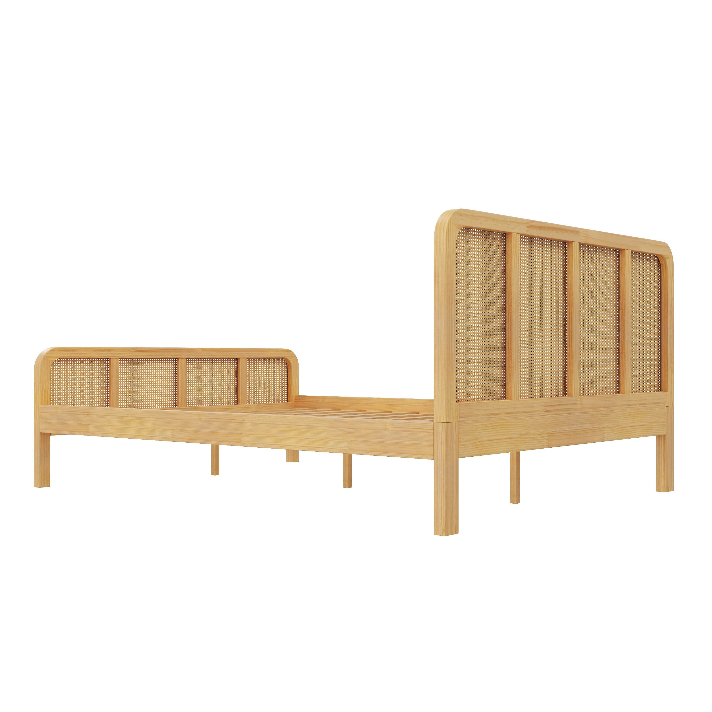 Lit de plateau en rattan moderne Noble House, dossier et pieds en cannelure avec panneaux tissés naturels, cadre de lit à l'âge d'or, noyer