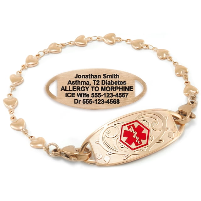 MedicEngraved Rose Gold Stainless Steel Custom Medical Alert Bracelet - 5mm Heart Link