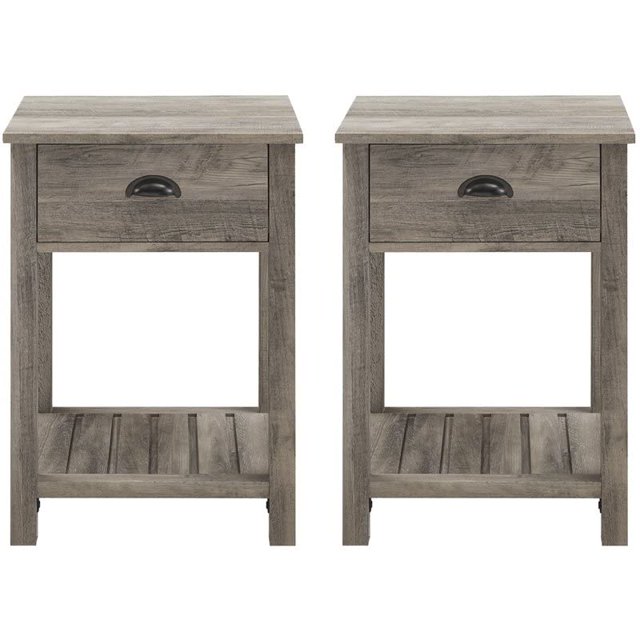 Walker Edison Lavinia Ensemble de Tables d'Appoint 2 Pcs avec Étagère à Lattes et Tiroir, 2 Pack, Gris Lavé
