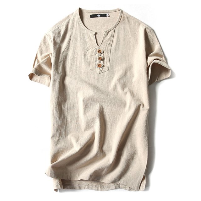 Innerwin T Shirt Retro Style Mens Tees Summer Solid Color Plain Tops Apricot-3 2XL