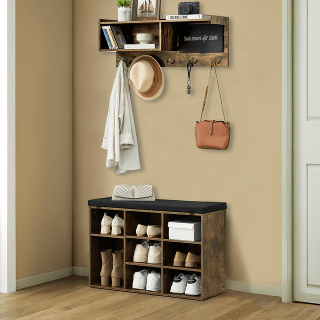 Kojooin 31.5 Inch Coat Rack Shoe Bench, Entryway Hall Tree with Cushioned Bench, Cubbies, Hooks, Shelf and Blackboard