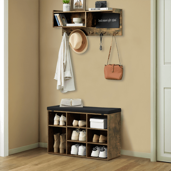 Kojooin 31.5 Inch Coat Rack Shoe Bench, Entryway Hall Tree with Cushioned Bench, Cubbies, Hooks, Shelf and Blackboard
