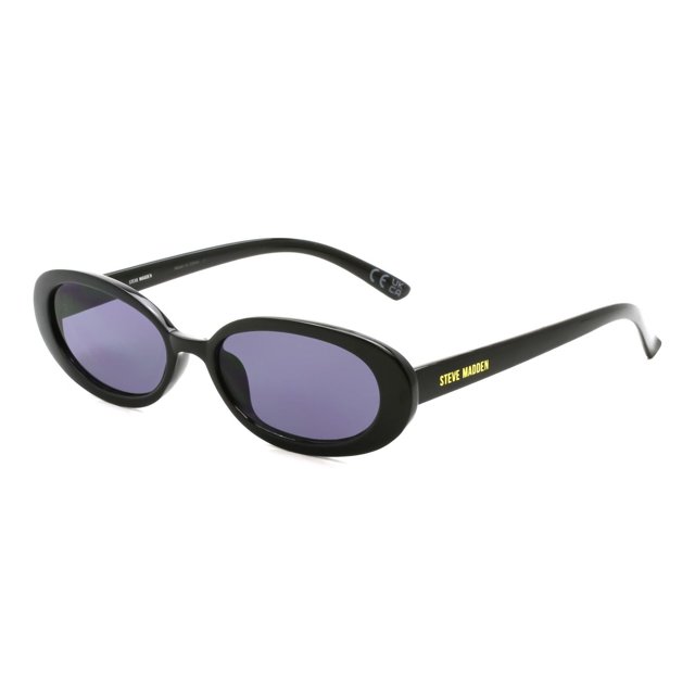 Madden NYC Black Oval Sunglasses with black oval frames and smoke-tinted lenses, featuring slim arms with yellow Steve Madden branding, lightweight design, and 100% UVA/UVB protection, ideal for city exploration or casual wear.