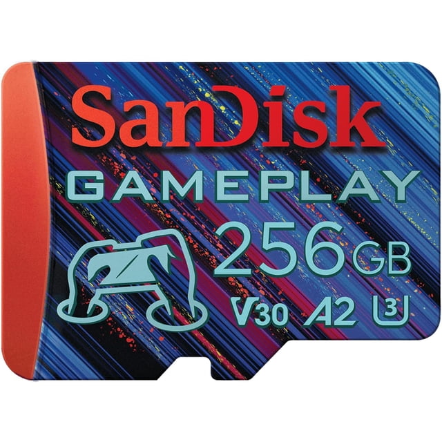 SanDisk GamePlay microSD card for mobile and handheld console gaming with 256GB capacity, featuring a blue and red diagonal striped design, red SanDisk logo, gaming controller icon, and V30, A2, U3 speed class ratings for fast read and app performance.